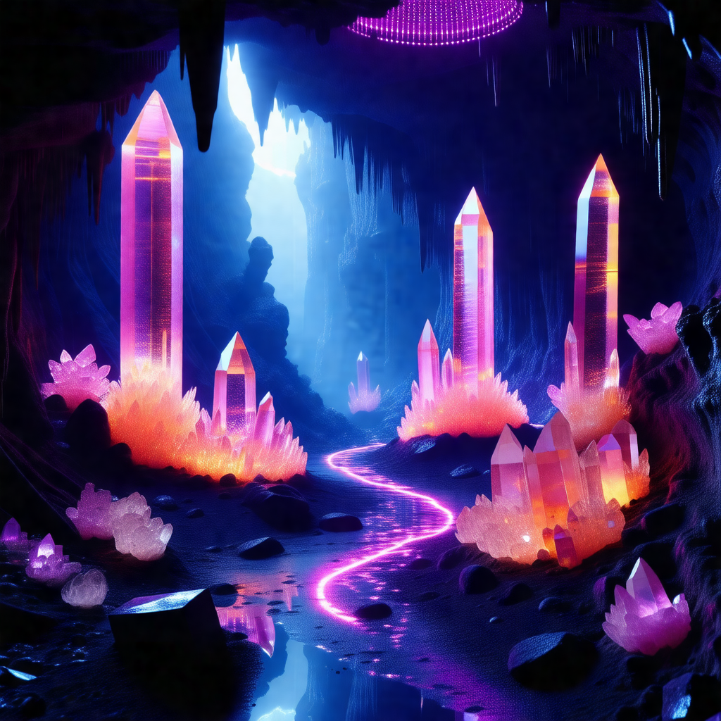 Cave with a purple glow, featuring a pathway that leads t...
