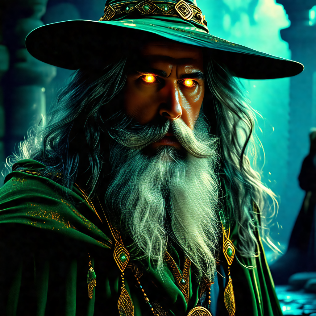 Man with a long beard and a green hat, standing in a dark...