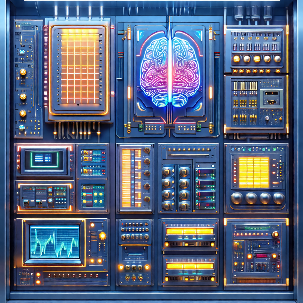 Futuristic display of various electronic devices, includi...