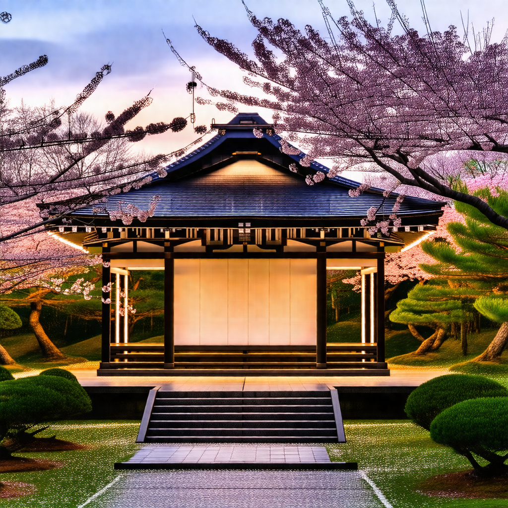 Beautiful japanese garden with a small pavilion in the ce...