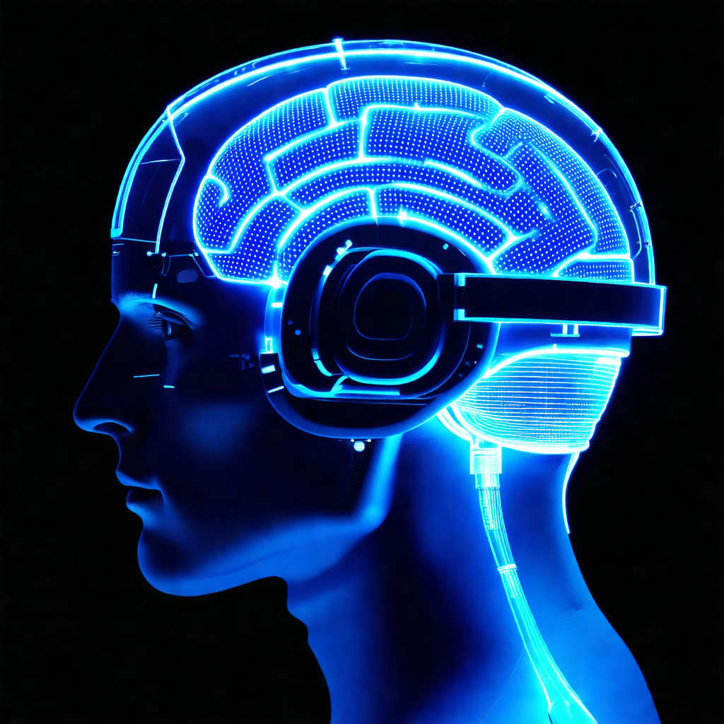 Close-up of a human head with a blue light illuminating t...