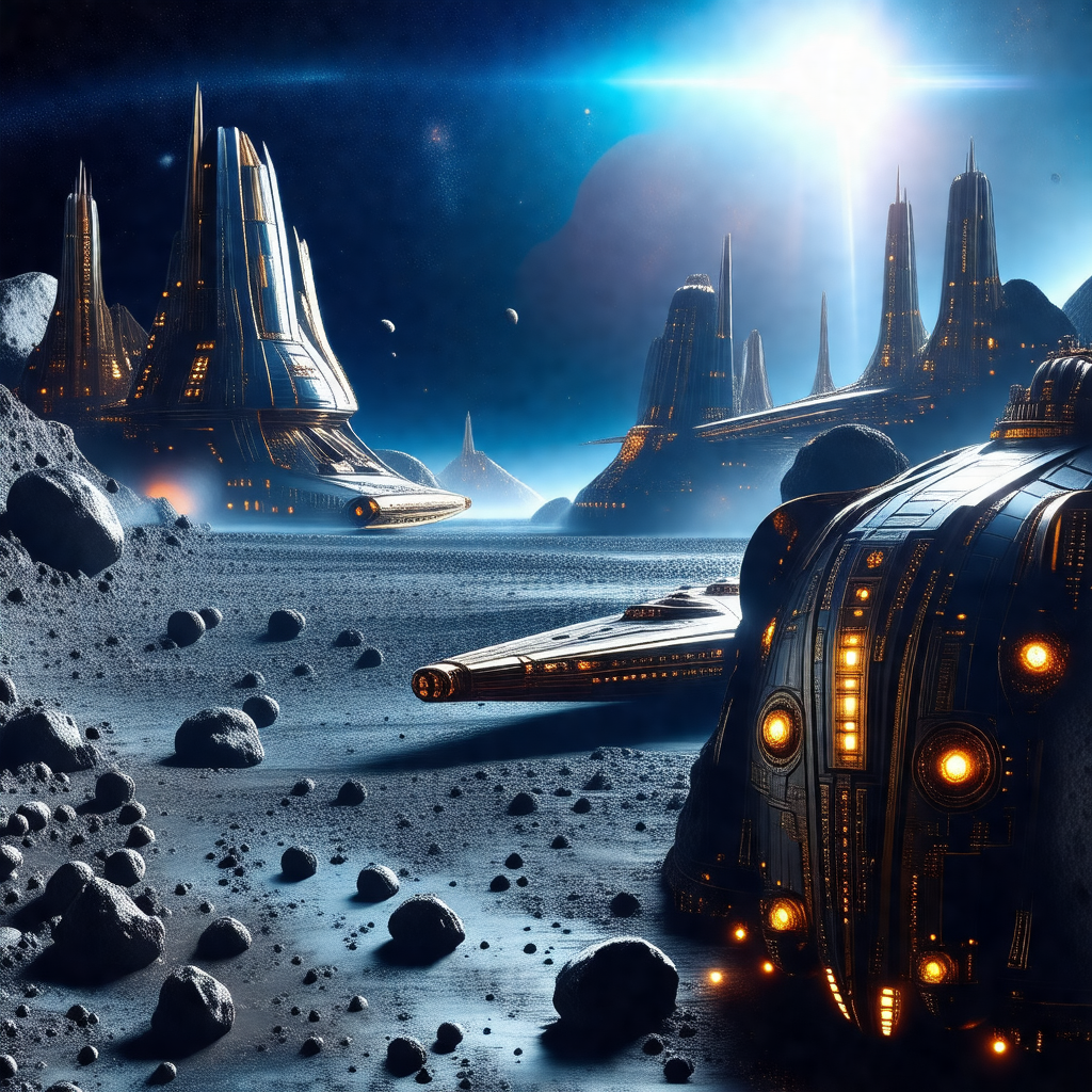 Futuristic scene with a large spacecraft sitting on a roc...
