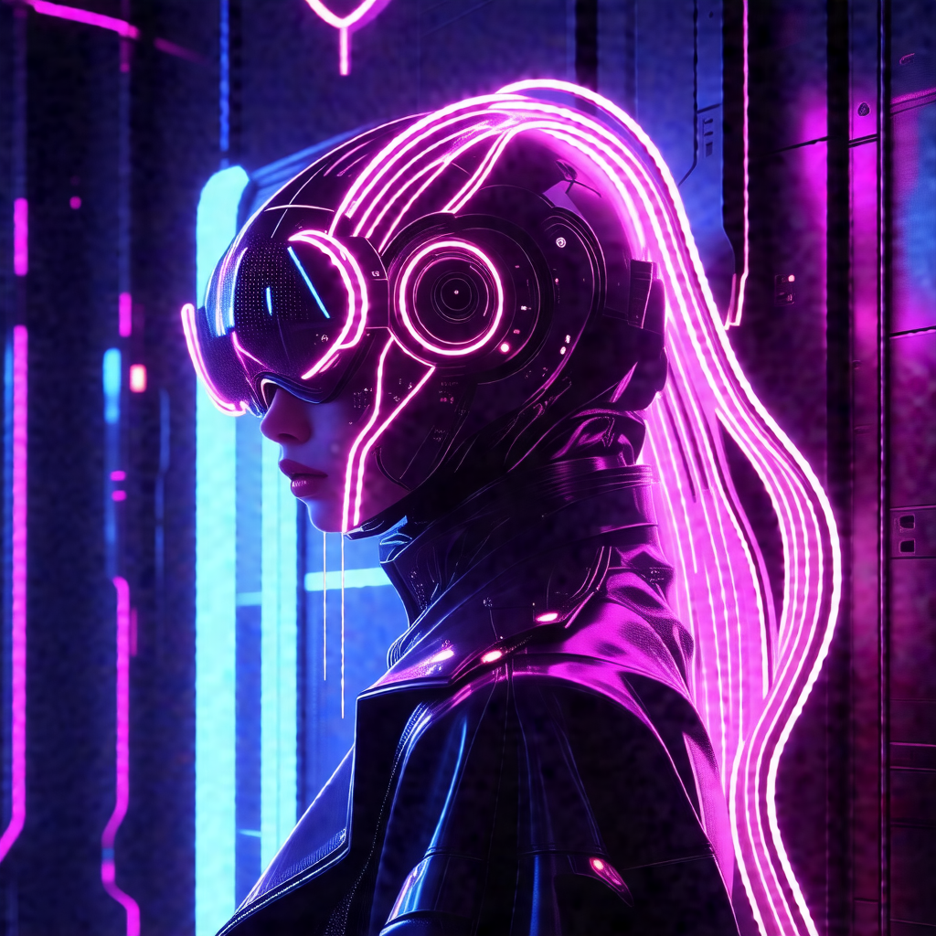 Woman wearing a futuristic outfit, which includes a black...