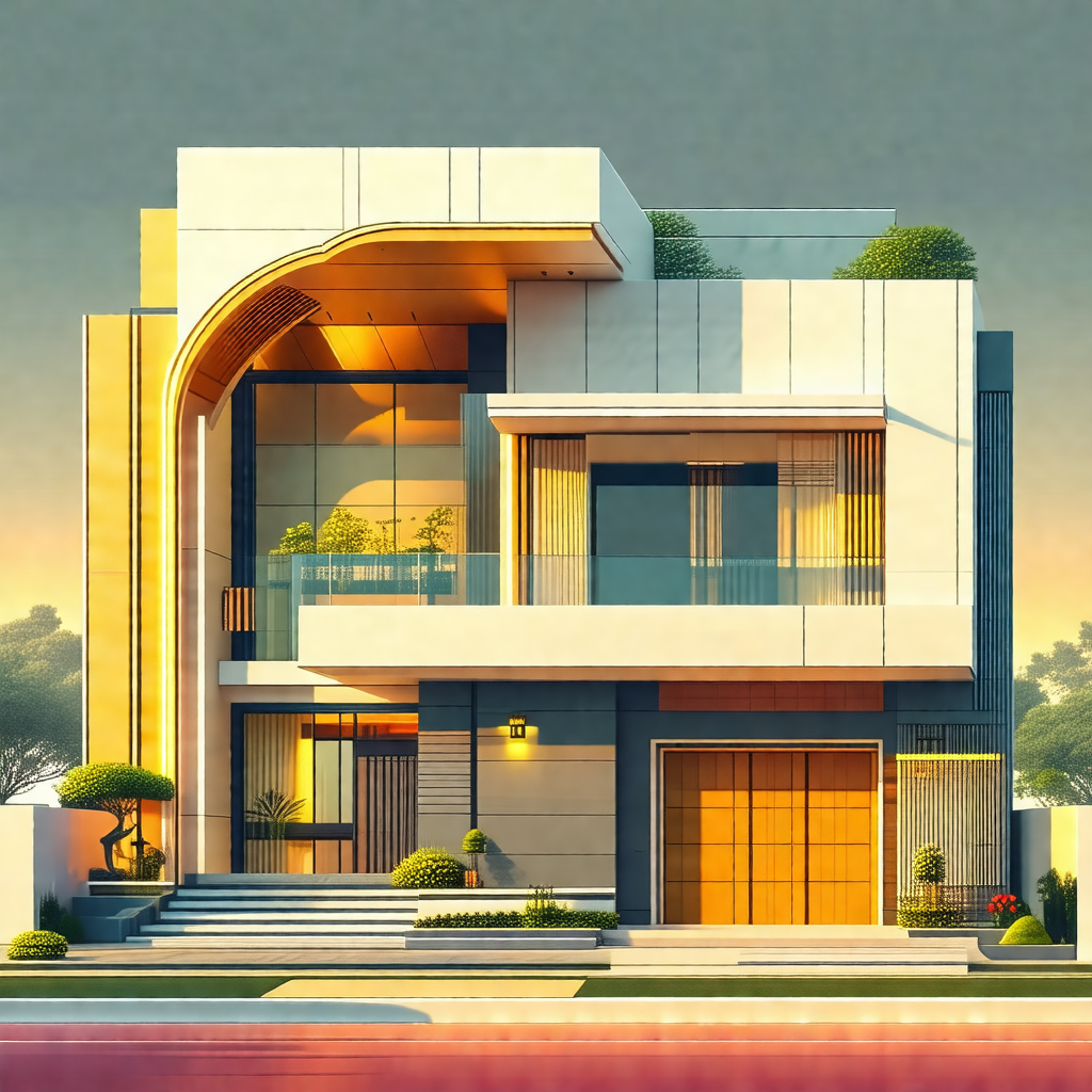 3d rendering of a large, modern house with a white exterior