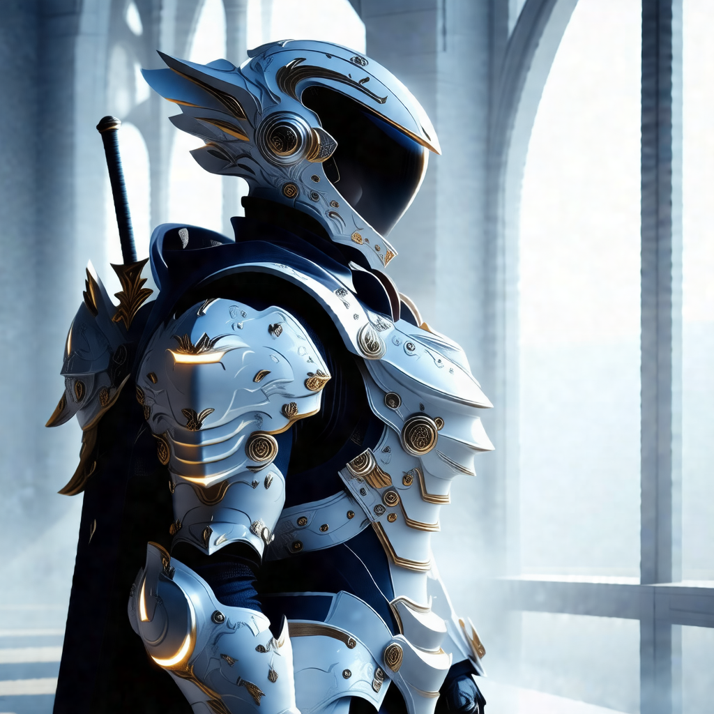 Person dressed in a futuristic armor, standing in front o...