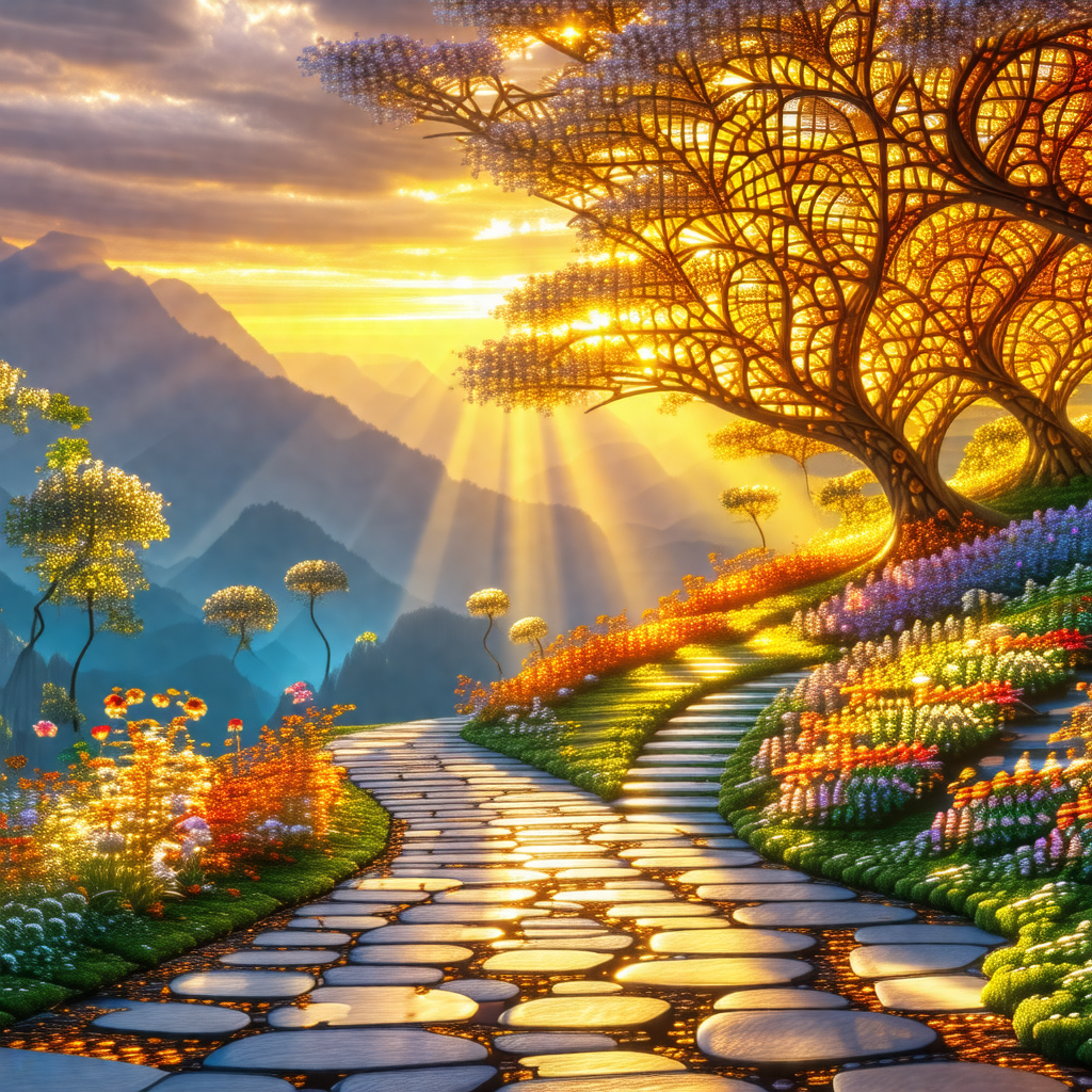 Painting of a beautiful garden with a path leading to a tree