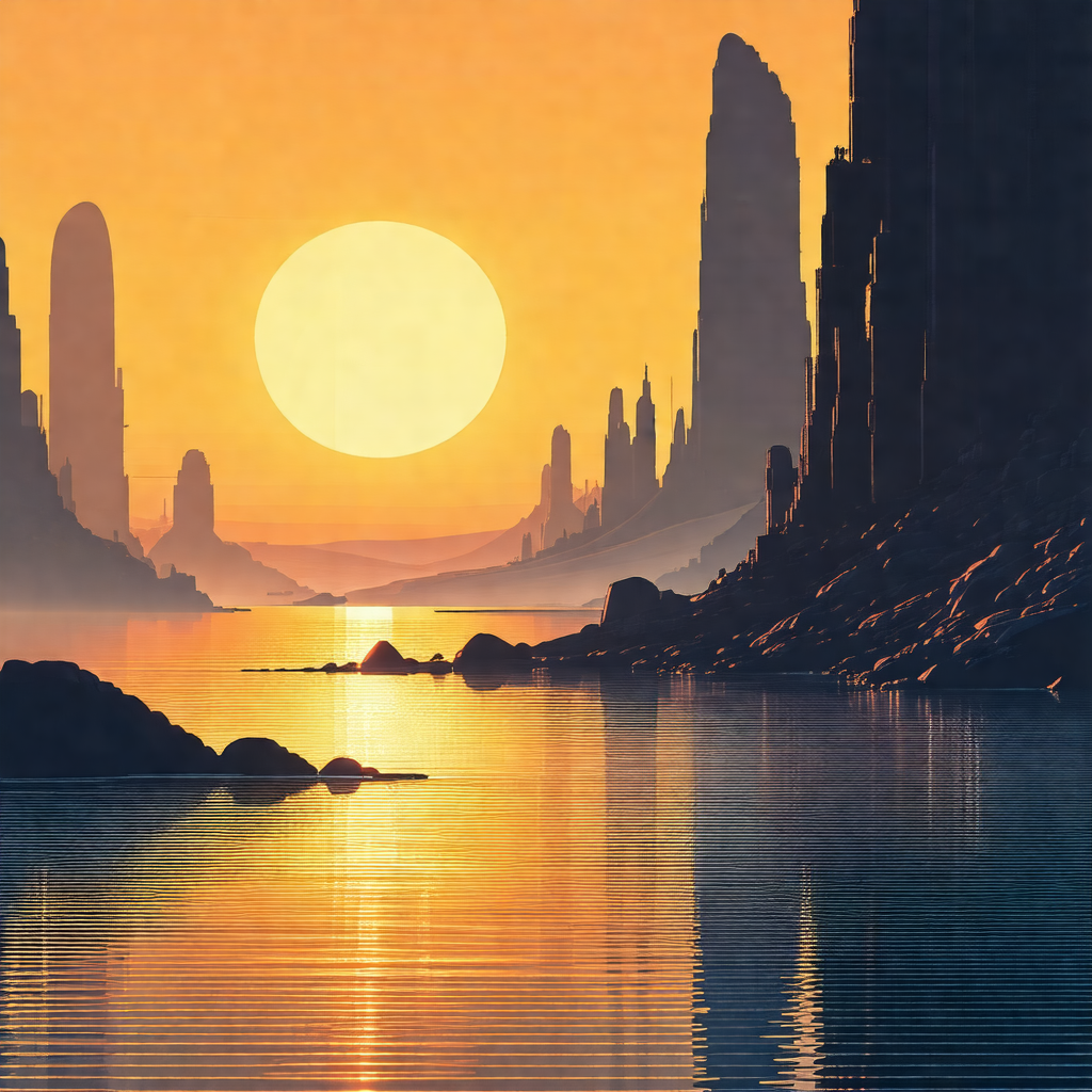 Serene scene of a sunset over a body of water, with a bea...
