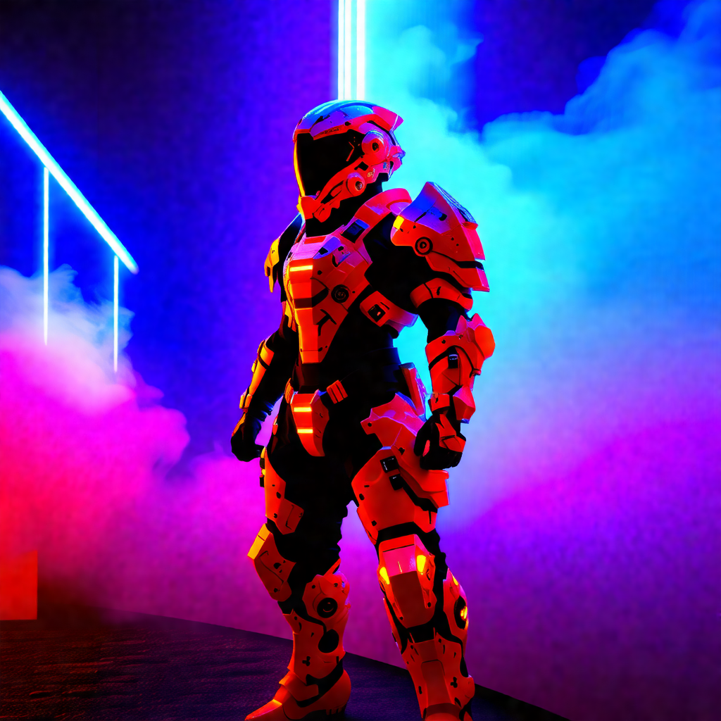 Man dressed in a futuristic suit, standing in a room with...