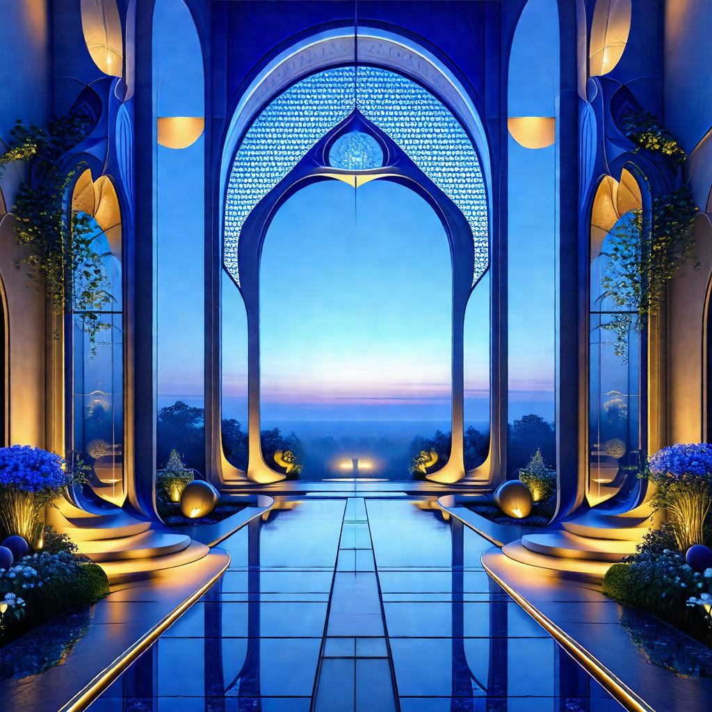 Digital painting of a large, blue, and white building wit...