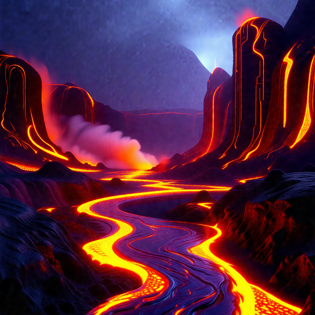 Digital painting of a red river flowing through a red lan...