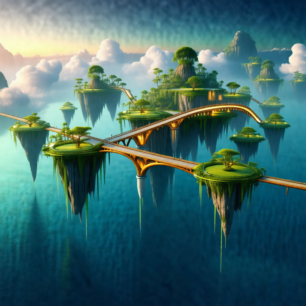 Fantasy scene of a bridge suspended over a body of water
