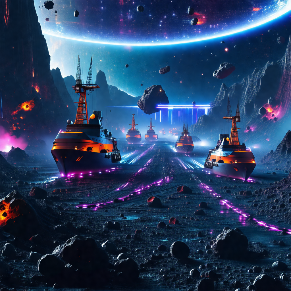 Futuristic scene featuring a group of orange and black bo...