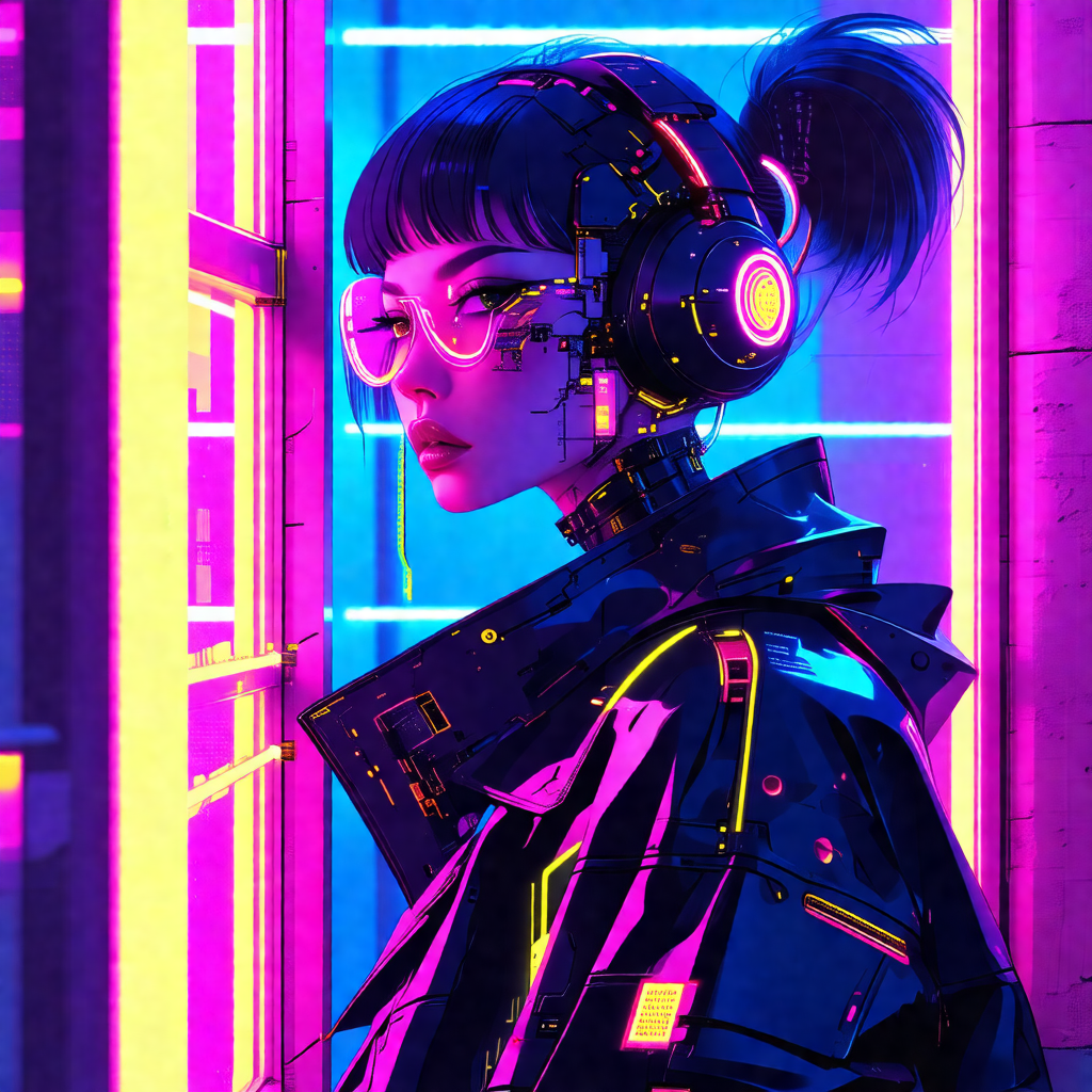 Woman wearing a futuristic outfit, including a black jack...