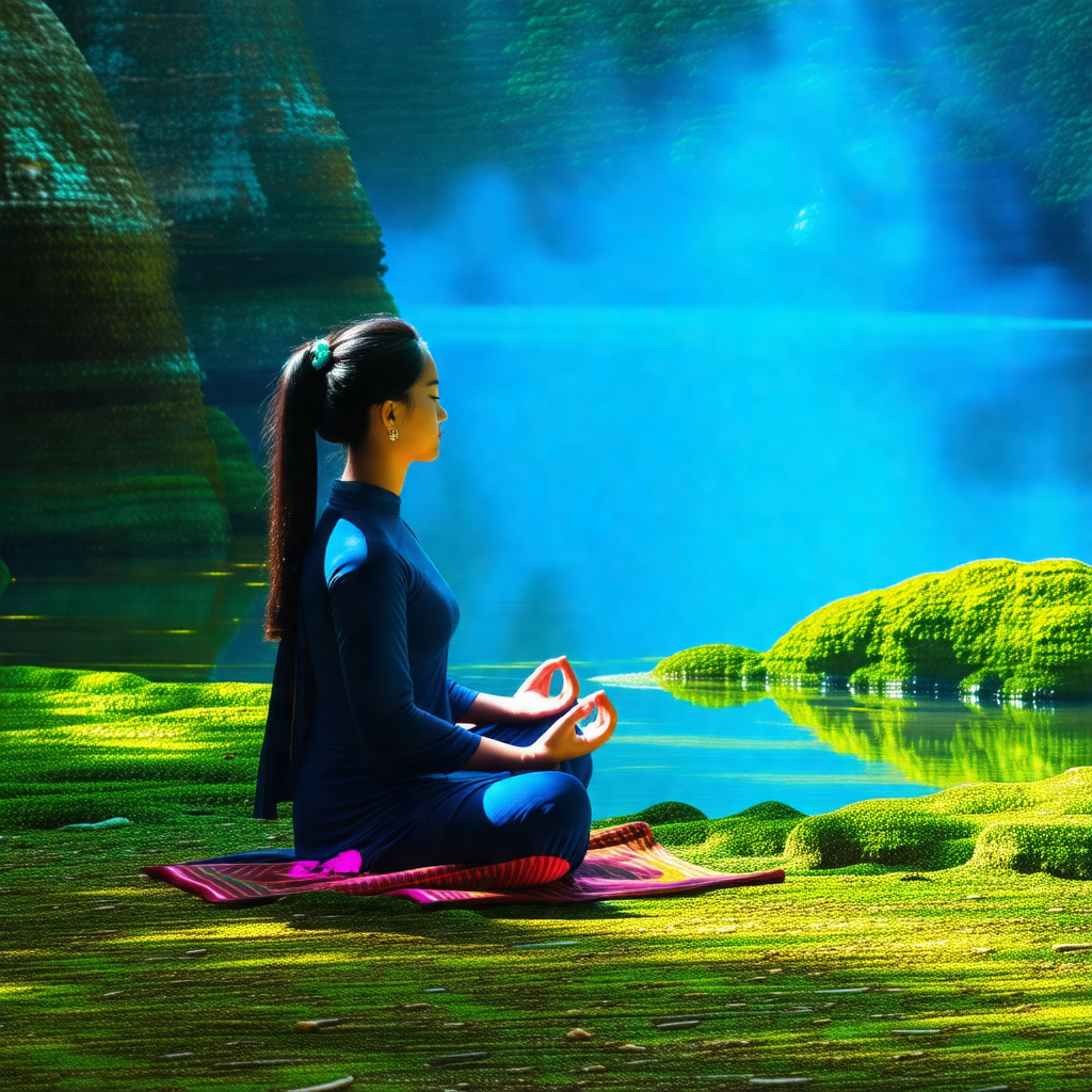 Woman sitting on a blanket in a serene outdoor setting