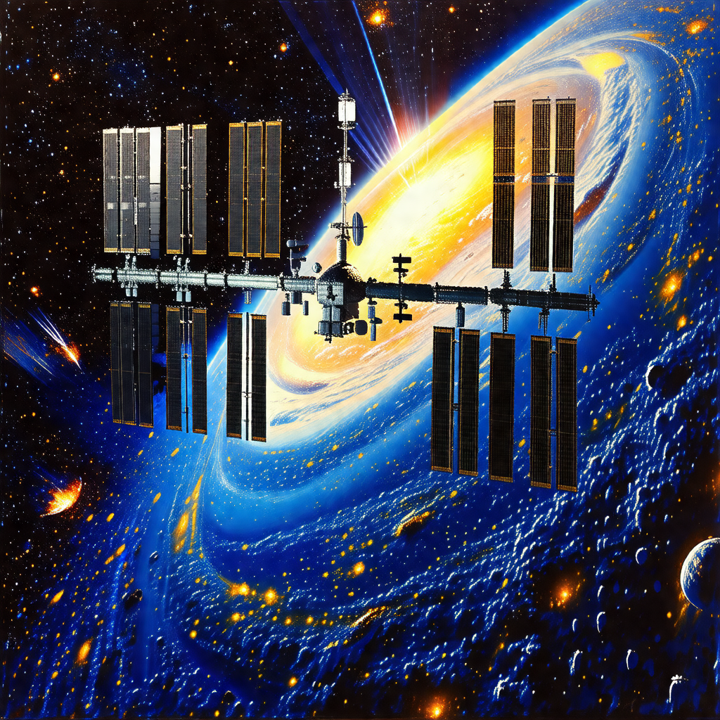 Space shuttle with a large satellite on top of it, flying...