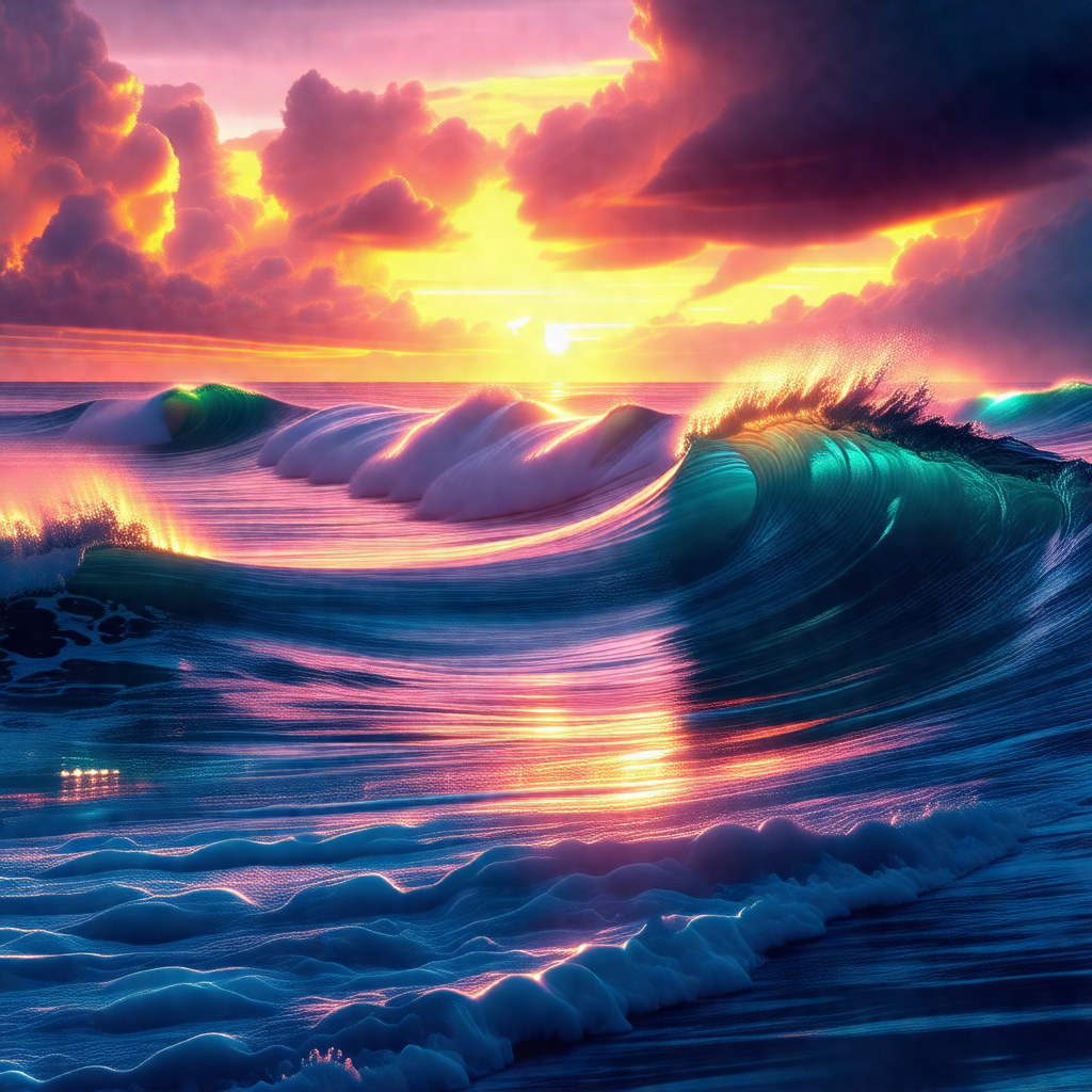 Beautiful sunset over the ocean, with a large wave crashi...