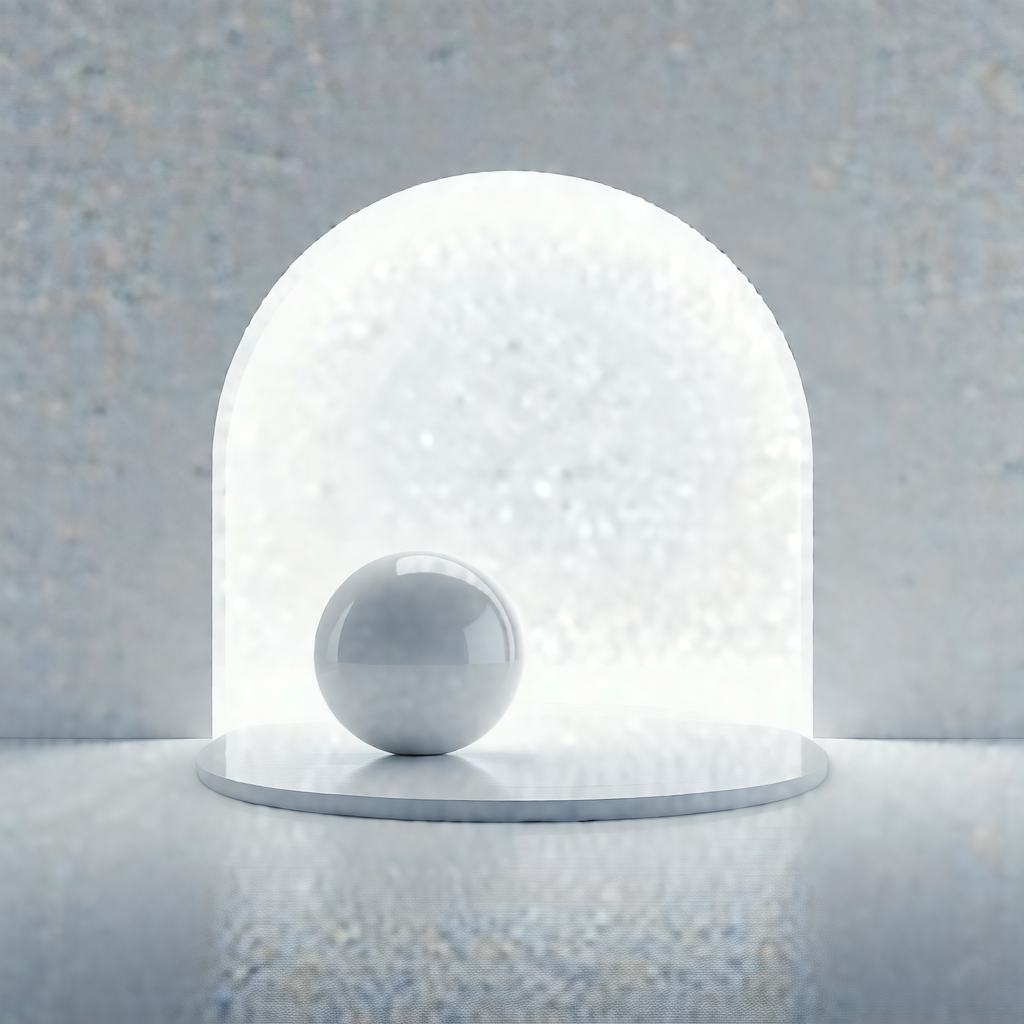 White, round, and shiny ball sitting on a white, round, a...