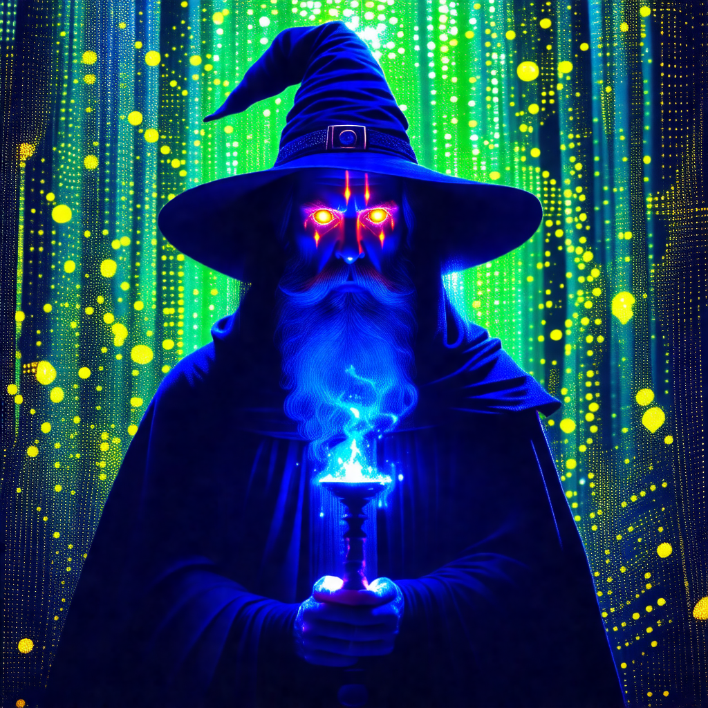 Wizard dressed in a black robe, standing in front of a gr...