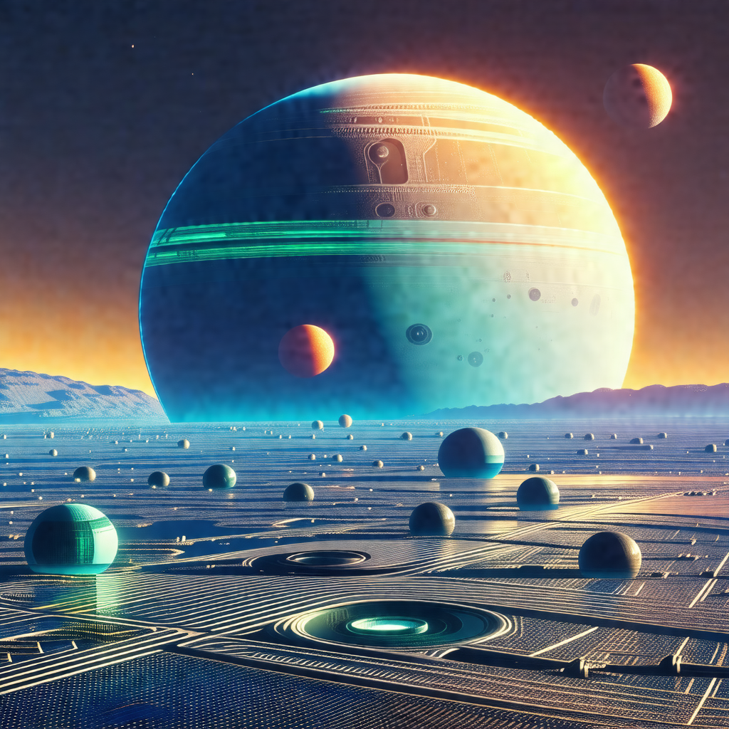 Futuristic scene with a large spacecraft floating in the sky