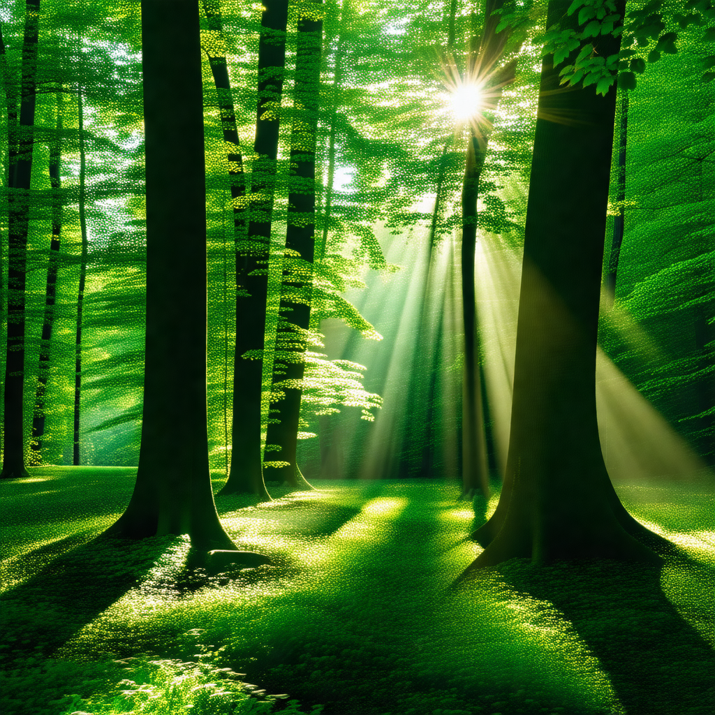 Lush green forest with a bright sun shining through the t...