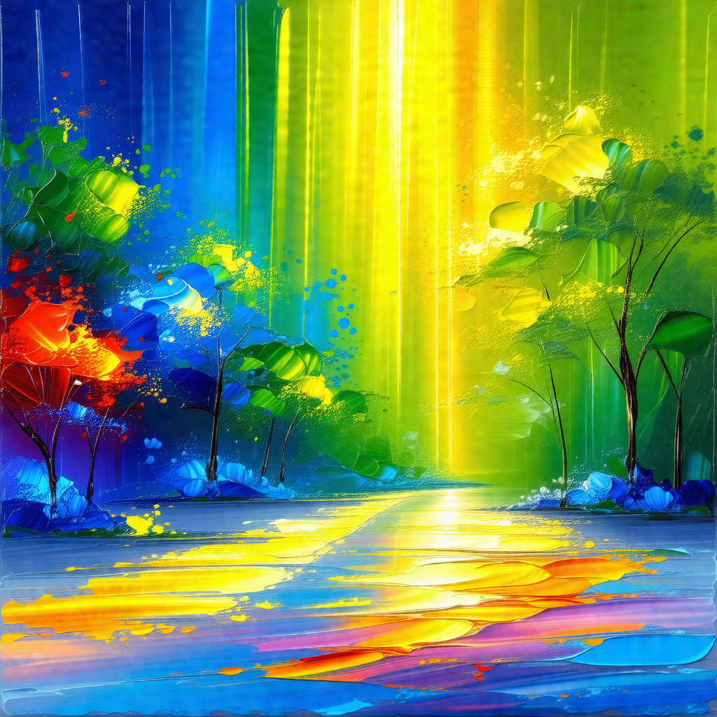 Painting of a forest with a rainbow-colored pathway leadi...