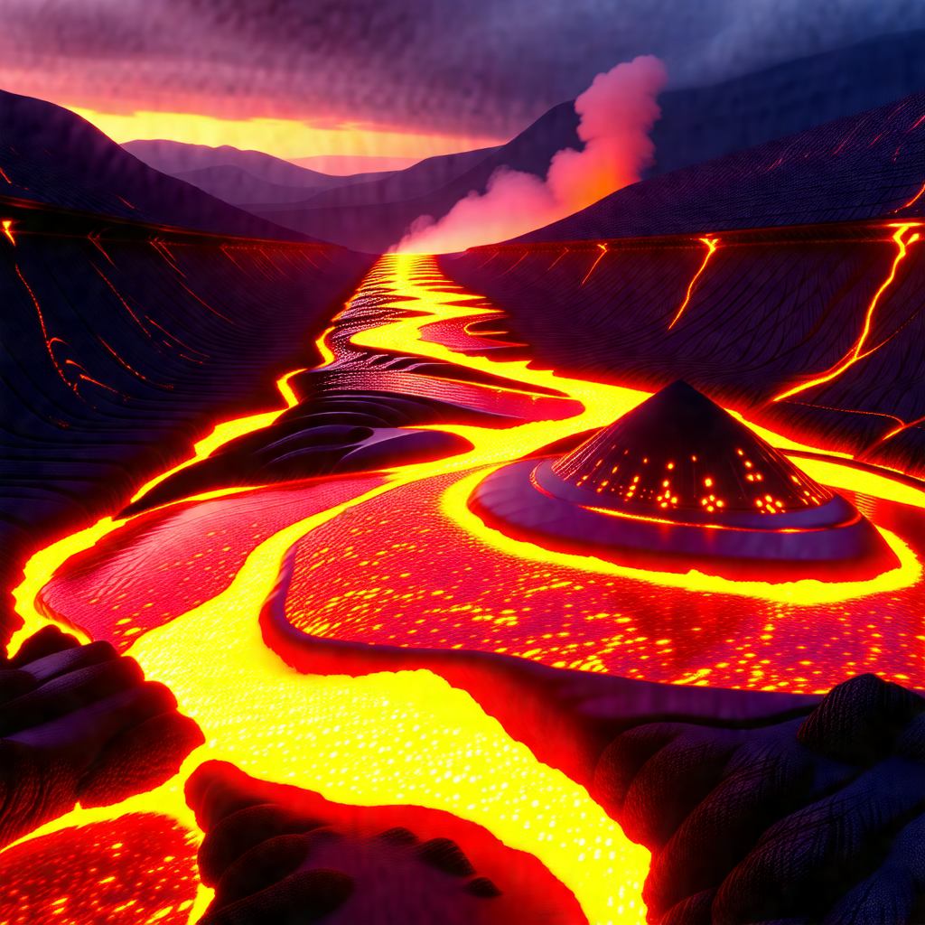 Colorful painting of a volcano with a river flowing throu...