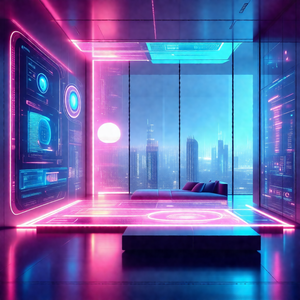 Futuristic bedroom with a bed situated in the center of t...