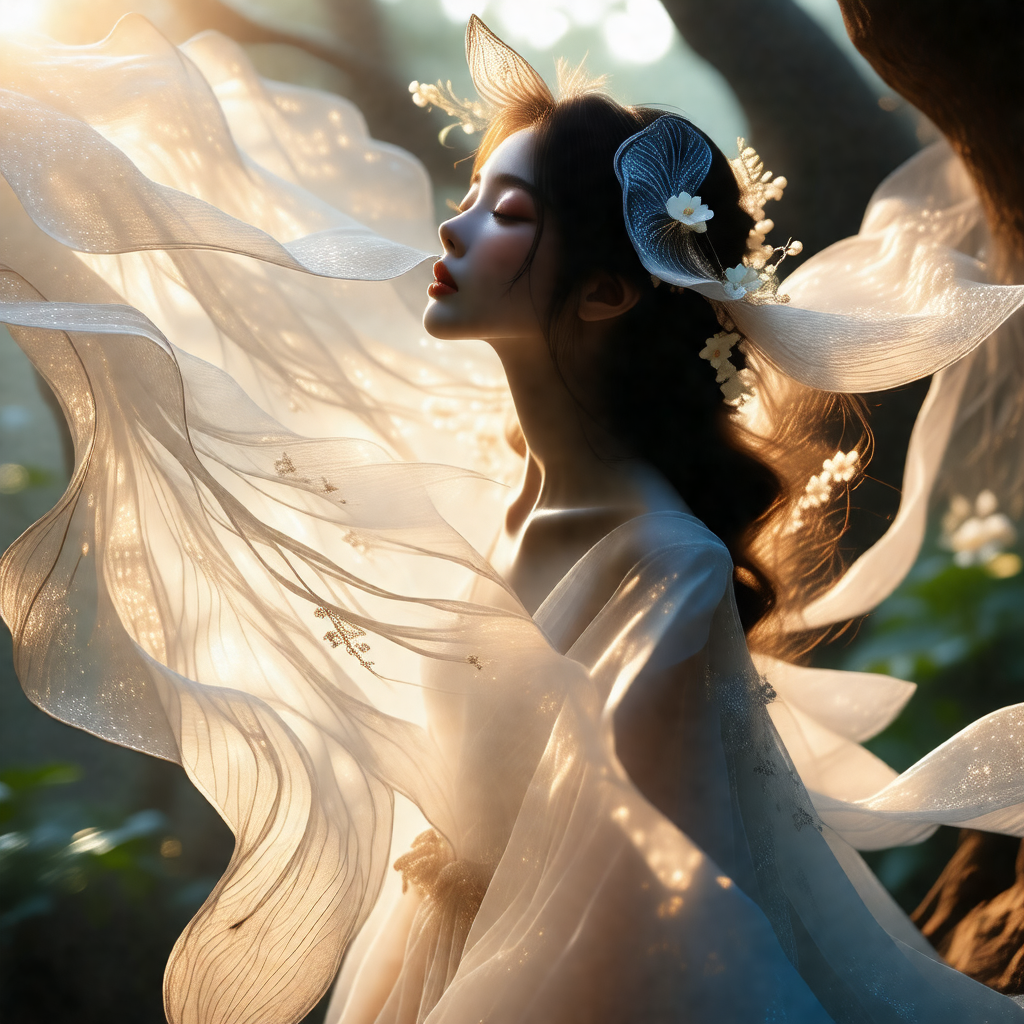 Woman wearing a white dress, standing in a forest