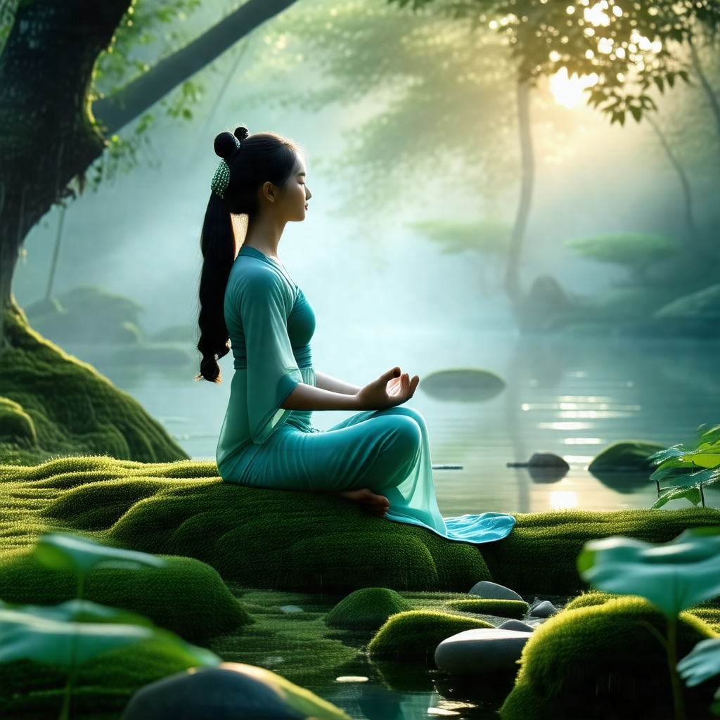 Woman sitting on a rock in a serene forest setting