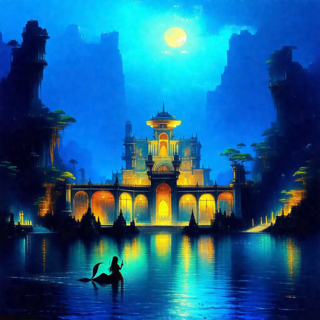 Beautiful scene of a woman in a blue dress sitting on a b...