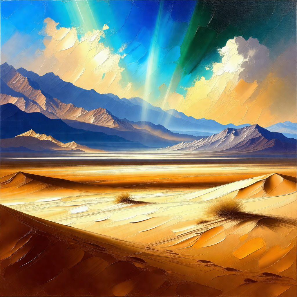 Painting of a desert landscape with a mountain range in t...