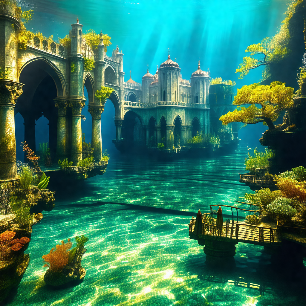 Digital painting of a fantasy underwater city, featuring ...
