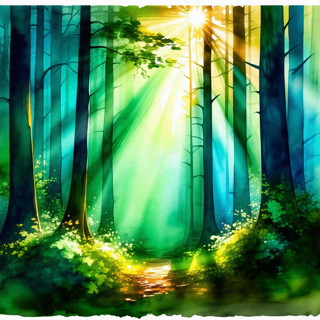 Painting of a forest with a path leading through it