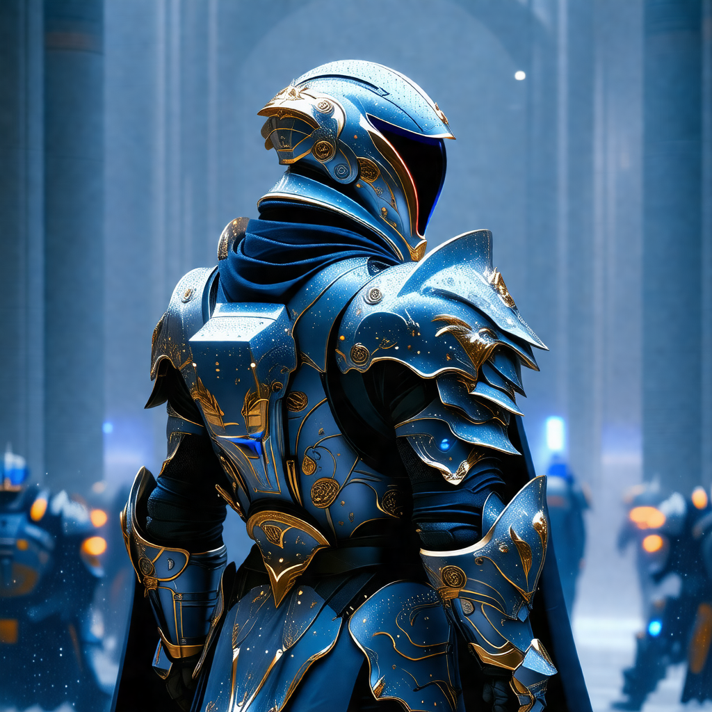 Man wearing a blue and gold armor, standing in a room wit...