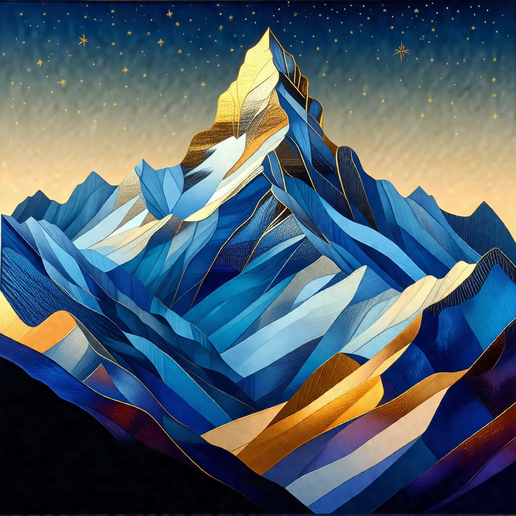 Large, colorful mountain with a blue and gold color scheme