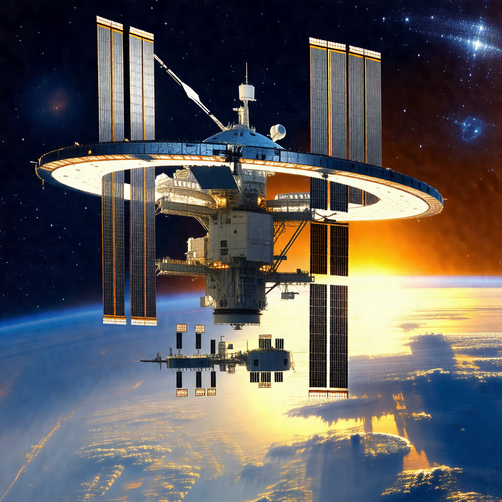 Space shuttle with a large dome on top of it, floating in...
