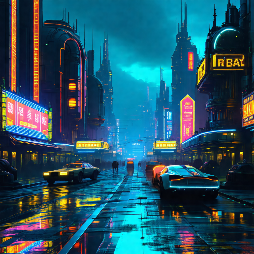 Futuristic cityscape with a rain-soaked street
