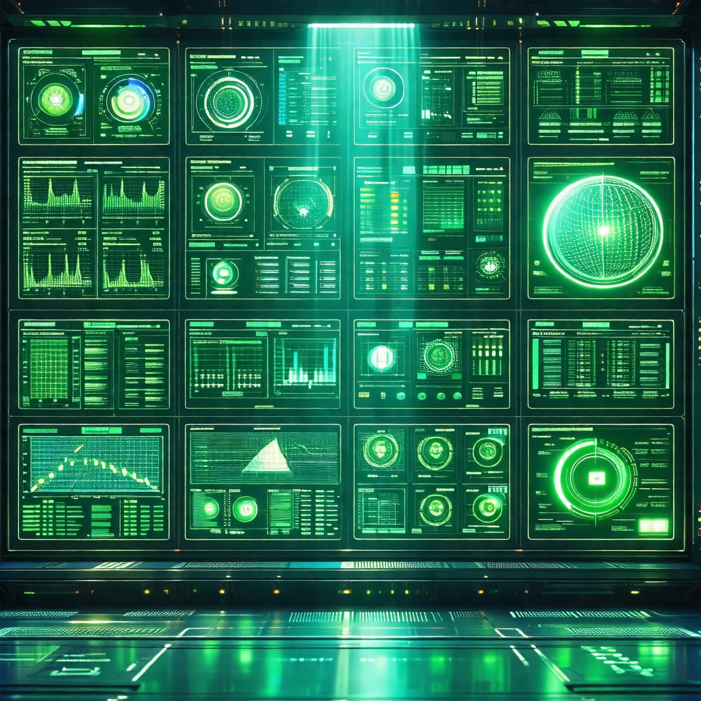 Futuristic control room with a large display of various s...