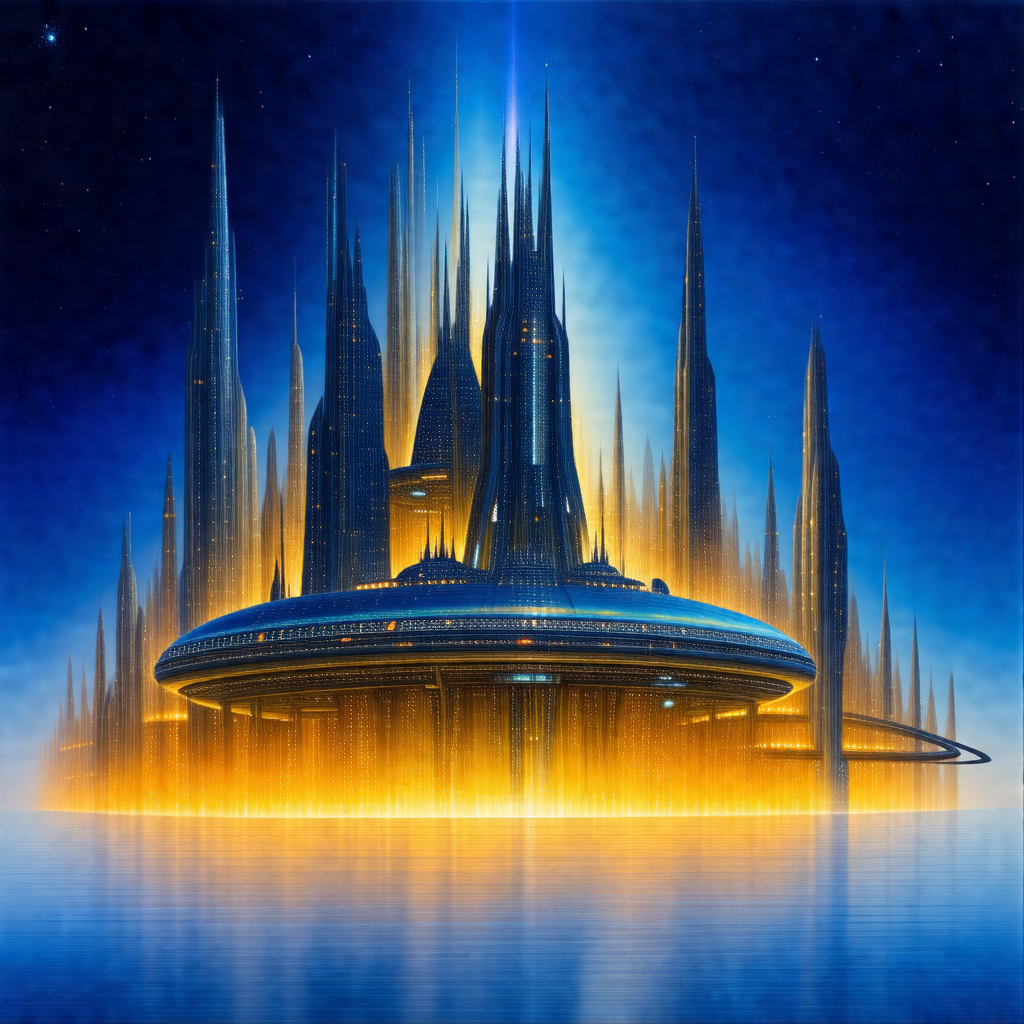 Futuristic city with a large, circular building in the ce...