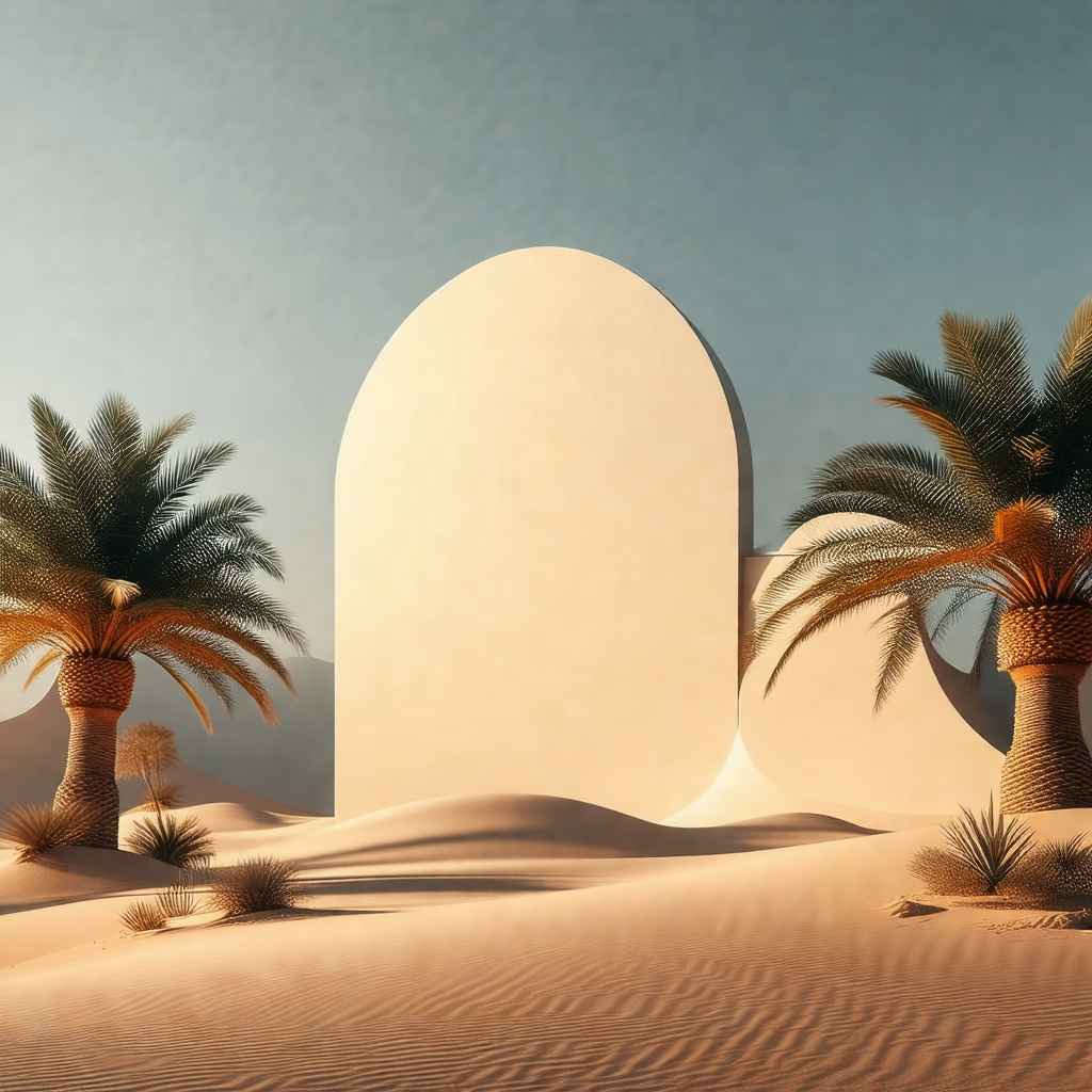 Desert landscape with a large white building in the backg...