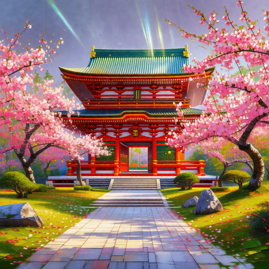 Painting of a large red building with a white roof, surro...