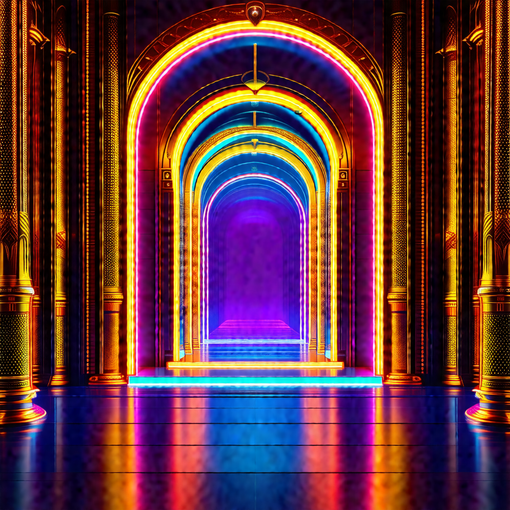 Large, colorful archway with a purple and yellow lighting...
