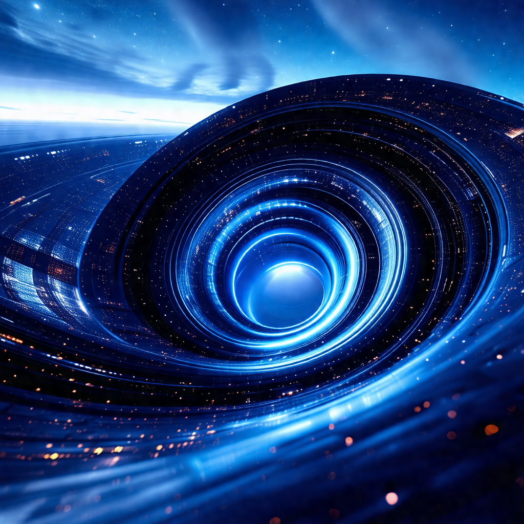 Large, blue, circular tunnel that appears to be a wormhole