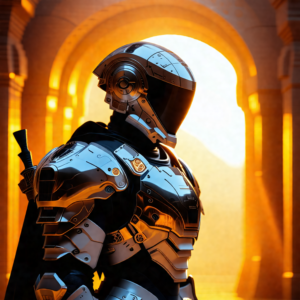 Man wearing a futuristic silver suit, standing in front o...