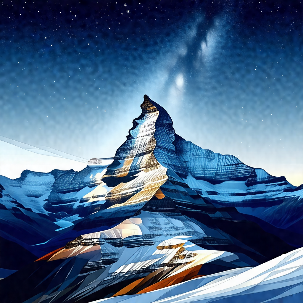 Painting of a mountain with a blue sky in the background