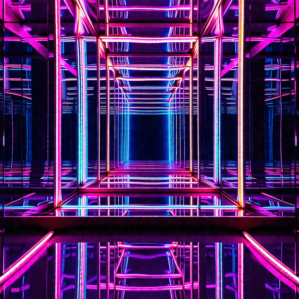 Purple and pink neon tunnel with a mirrored surface