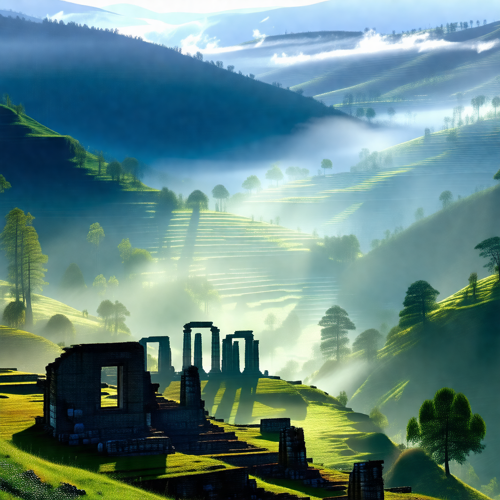 Picturesque landscape with a large, ancient stone structu...