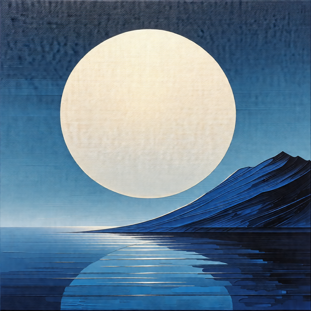 Large, round moon in the sky, with a mountainous landscap...