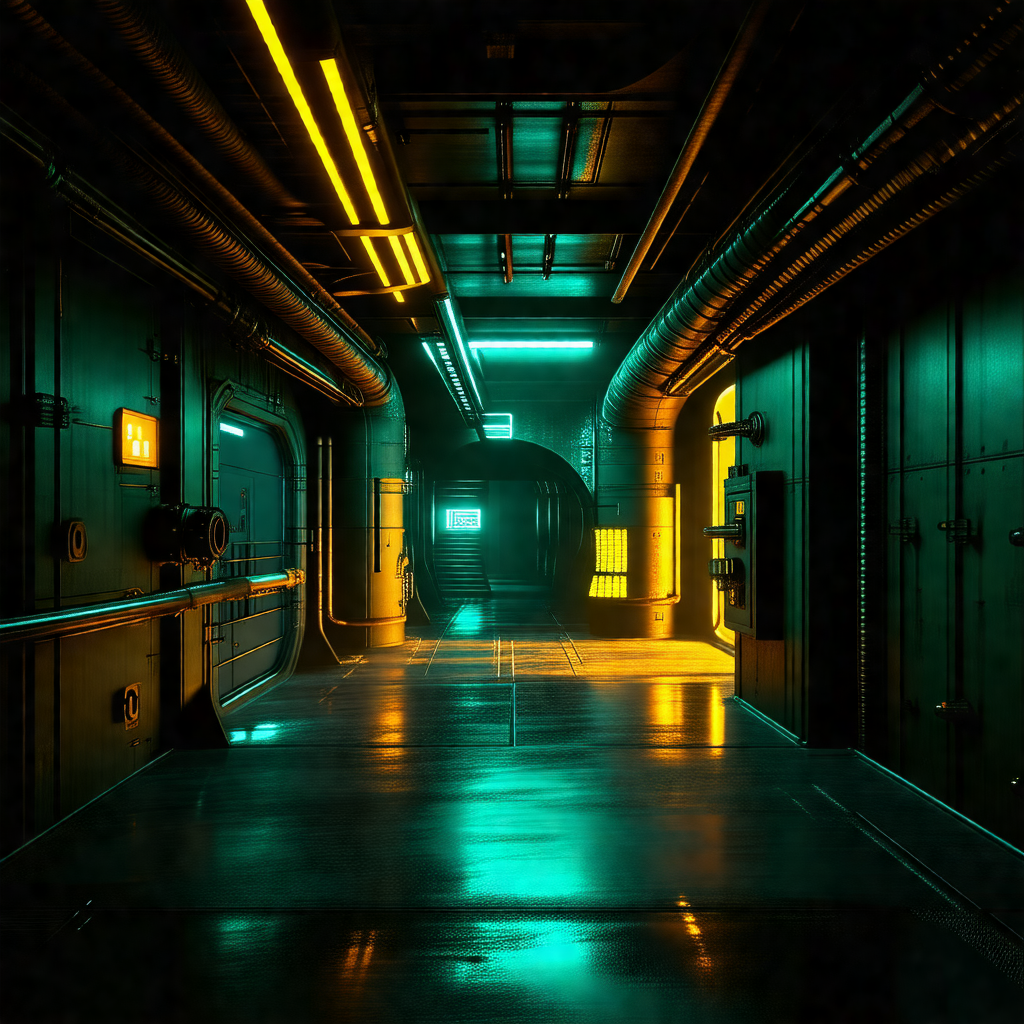 Futuristic scene of a large, dark room with a green glow