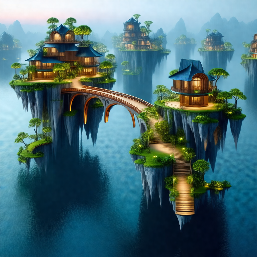 Painting of a small island with a bridge connecting it to...